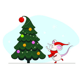 New year and Christmas greeting card in vector. Cute cartoon mouse next to the Christmas tree