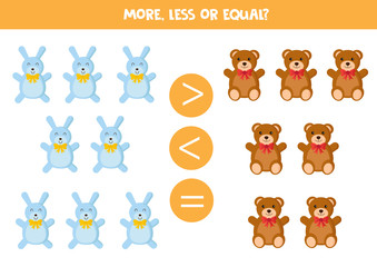 Fototapeta premium More or less. Comparison for kids. Teddy bears and rabbits.