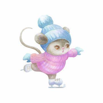 Little cute mouse ice skating.  Hand painted watercolor illustration isolated on a white background.