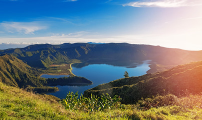 Beautiful panorama of volcanic lake on San Migel island