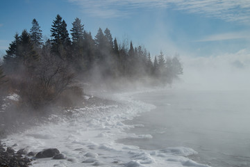fog Partially frozen lake superior shoreline