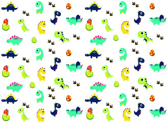 Dinosaurs Vector pattern on a white background. Children's illustration in a funny cartoon style. Scandinavian hand-drawn background is ideal for children's clothing, textiles, wallpaper, etc