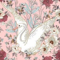 Seamless pattern with swan and blooming flowers for surface design. A graceful swan spread its wings against the background of flowers - peonies and oleander © Anastasi