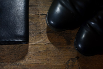 men's set. black shoes, leather wallet, phone