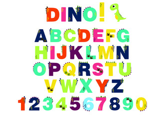 alphabet for children. Kids learning material. Card for learning alphabet and numbers. color alphabet with dinosaurs