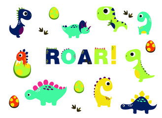 Naklejka premium Roar dinosaur. Vector funny lettering quote with dino icon, scandinavian hand drawn illustration for greeting card, t shirt, print, stickers, posters design.
