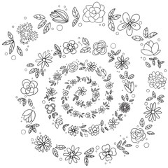 sketch flowers in a spiral, ornament monochrome