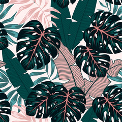 Summer seamless pattern with green tropical leaves and plants on a white background. Illustration in Hawaiian style. Jungle leaves. Botanical pattern. Creative abstract background.