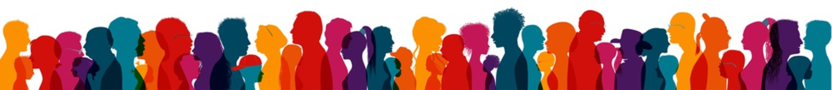 Population and society with diverse people.Communication crowd of families and multiethnic people and of diverse culture.Sociology.Crowding and density of people.Silhouette profile