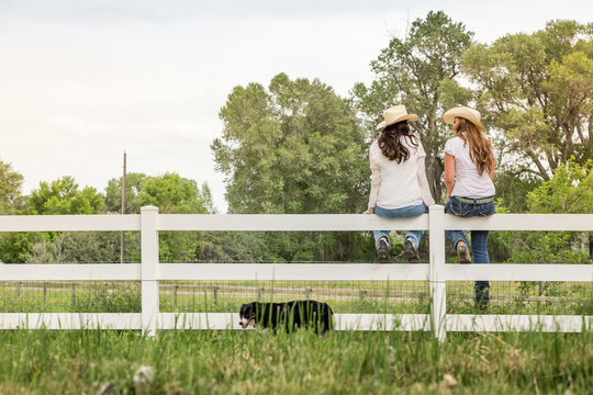 Two western girls sitting on a fence, laughing. Bridger, Montana, USA