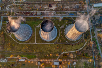Cooling tower of a state district power station, aerial view.