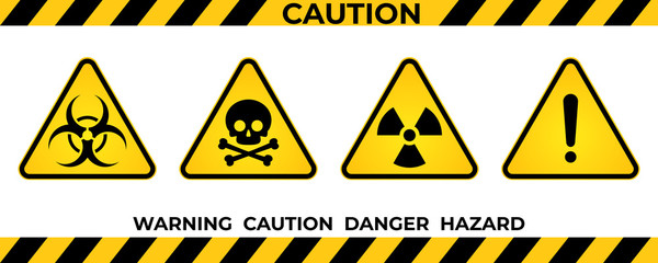 Set of hazard warning signs. Black yellow triangle warning safety and caution signs. Information security hazard vector symbol, icon. Vector illustration - obrazy, fototapety, plakaty