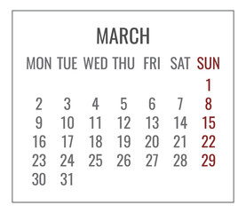 March year 2020 monthly white calendar