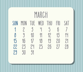 March year 2020 monthly calendar