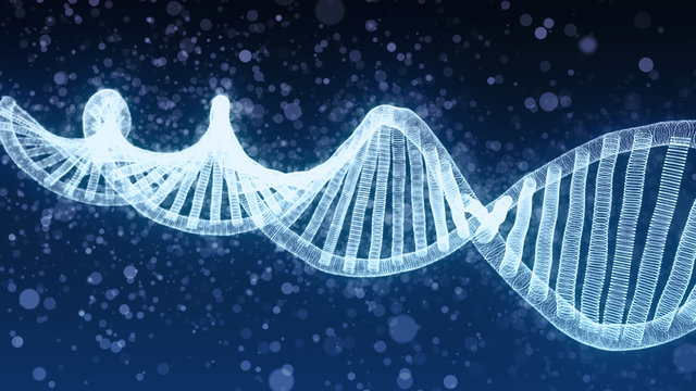 DNA double helix - blue 3D generated illustration with cloud of particles, low depth of field