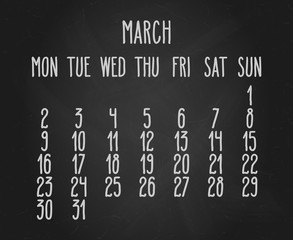 March year 2020 monthly black chalkboard calendar