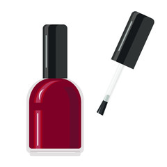 vector illustration of a bottle of nail polish.  red nail polish in the glass.  manicure brush.  art for fashion beauty industry