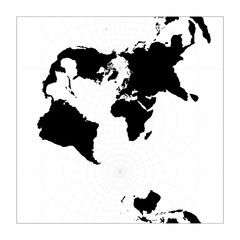 Black world map on white background. Transverse spherical Mercator projection. Plan world geographical map with graticlue lines. Vector illustration.