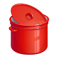 Red enamel pan with a lid, isolated vector illustration on white background