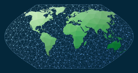 Abstract map of world network. Eckert 5 projection. Green low poly world map with network background. Appealing connections map for infographics or presentation. Vector illustration.