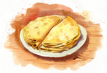 Watercolor painting of a Tatar national dishes kystybyi. Watercolor illustration.