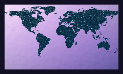 Network map of the world. Patterson cylindrical projection. World network map. Wired globe in Patterson projection on geometric low poly background. Elegant vector illustration.