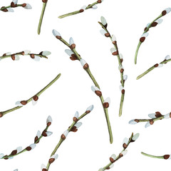 Seamless pattern with willow twigs. Background for spring illustration. Pattern for wallpaper, prints design. Happy Easter textile texture. Vector. © ZUBKOVA IULIIA