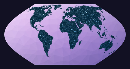 Network map of the world. Eckert VI projection. World network map. Wired globe in Eckert 6 projection on geometric low poly background. Authentic vector illustration.