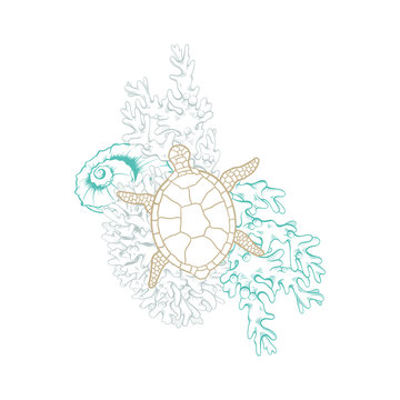Marine art line design, vector sea turtle in mosaic style, sketch corals and starfish. Ocean and sea water life, tropical paradise and nautical line drawing composition in gold and turquoise color