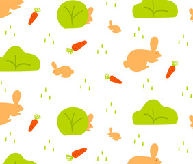 Childish seamless pattern with bunnies looking for carrots