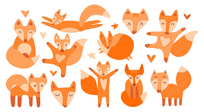Vector collection of 11 illustrations with cute chanterelles. Red beautiful foxes on a white isolated background. The fox sleeps, sits, runs, hugs, jumps, the muzzle of a kind wild beast.
