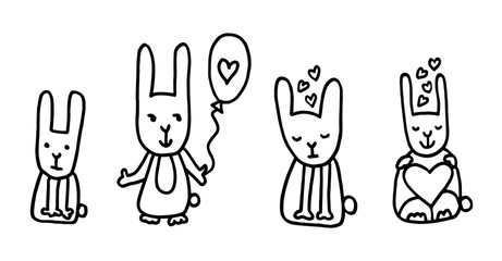 Funny doodle with 3 rabbit with different emotions. Hearts and air balloons. Best for kids design.