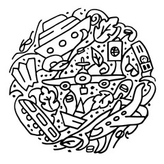 Line art vector hand drawn set of Travel cartoon doodle objects,