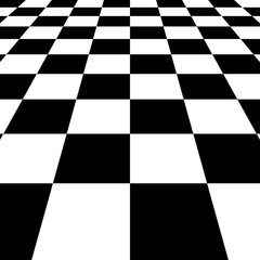 Black white squares checkered Board background, vector chessboard perspective