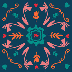 Spring celebration folk doodle art square tile. Scandinavian style with traditional geometric shapes in festive colors. Folklore cliparts elements for notebook, tile, napkins, coasters, postcard