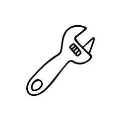 Crescent or  monkey wrench in doodle style. Isolated outline. Hand drawn vector illustration in black ink on white background.