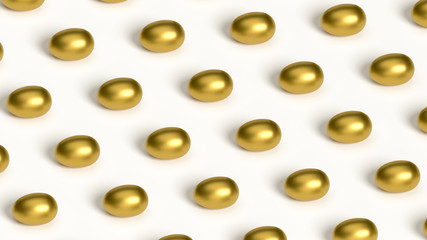 Golden eggs isometric pattern, modern Easter background. Golden egg isolated on white, top view, minimalist creative Easter symbol, luxury shiny metal color. Elegant royal eggs pattern, minimal design