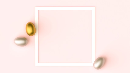 Gold, silver shiny Easter eggs on pink pastel background, white frame with space for text, flat lay image composition, top view. Easter decoration, foil minimalist egg design, modern design template.