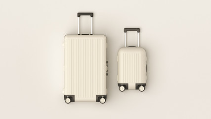 White luggage set on white background, top view image, flat lay composition. Travel minimalist concept, black and white classic baggage mockup, small and big. Suitcase accessory set, journey concept.