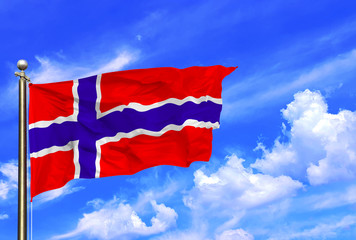 Norway Red Blue White National Flag Waving In The Wind On A Beautiful Summer Blue Sky