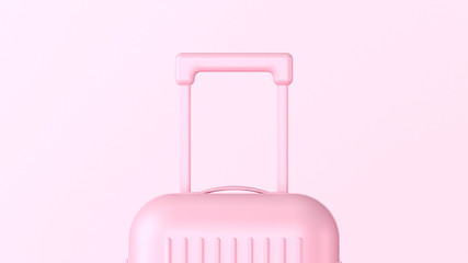 Pink luggage closeup on pink background, feminine travel vacation concept, front view. 3d illustration. Modern minimalist background, baggage hand, cabin size suitcase, front view. Summer traveling.