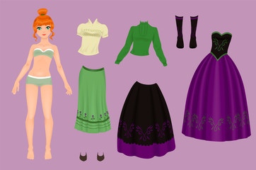 Paper doll of a pretty girl with a variety of frozen paper clothes and shoes - 323907062
