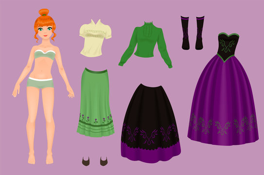 Paper doll of a pretty girl with a variety of frozen paper clothes and shoes