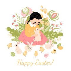 Easter Greeting Card. Cute little girl sitting surrounded by rabbits and chickens