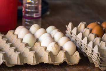 Fresh duck eggs in egg carton tray.stack of duck eggs in tray for sale.