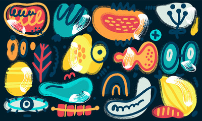 Vector abstract creative background with hand drawn different textured shapes and decorative elements. Folk style. Unique artistic design. Header, poster, cover, banner, card, invitation, packaging