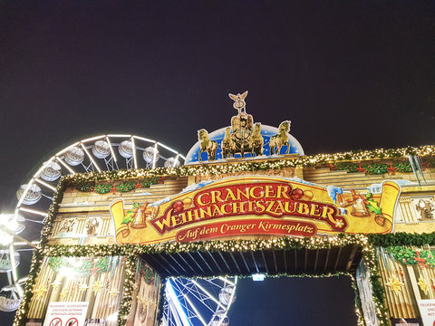 HERNE, NRW, GERMANY - DECEMBER 29, 2018: Entrance sign to the first Cranger Christmas market. Called Cranger Christmas Magic.