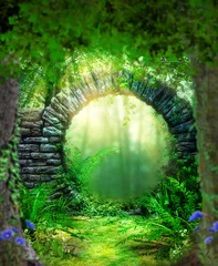 Peel and stick wall murals Fairy forest Enchanting gate entrance to a lush fairytale forest