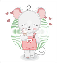 Little mouse girl walks with ice cream