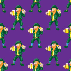 Cotton fabric Seamless dwarf pattern with a beer glass and a coin on a purple background. Vector image